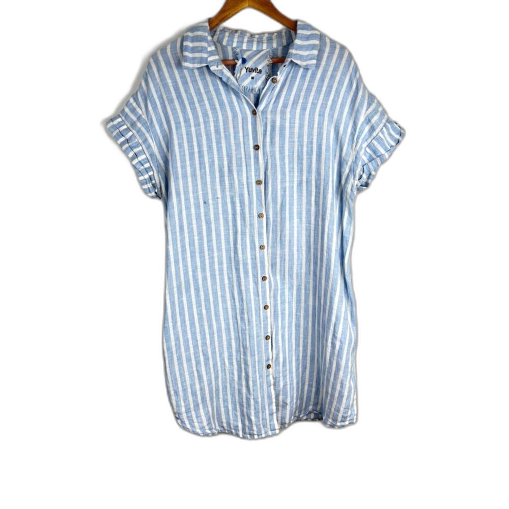 Yuvita 100% Linen Stripe Shirt Dress M Coastal Lagenlook Boho Made in Belarus